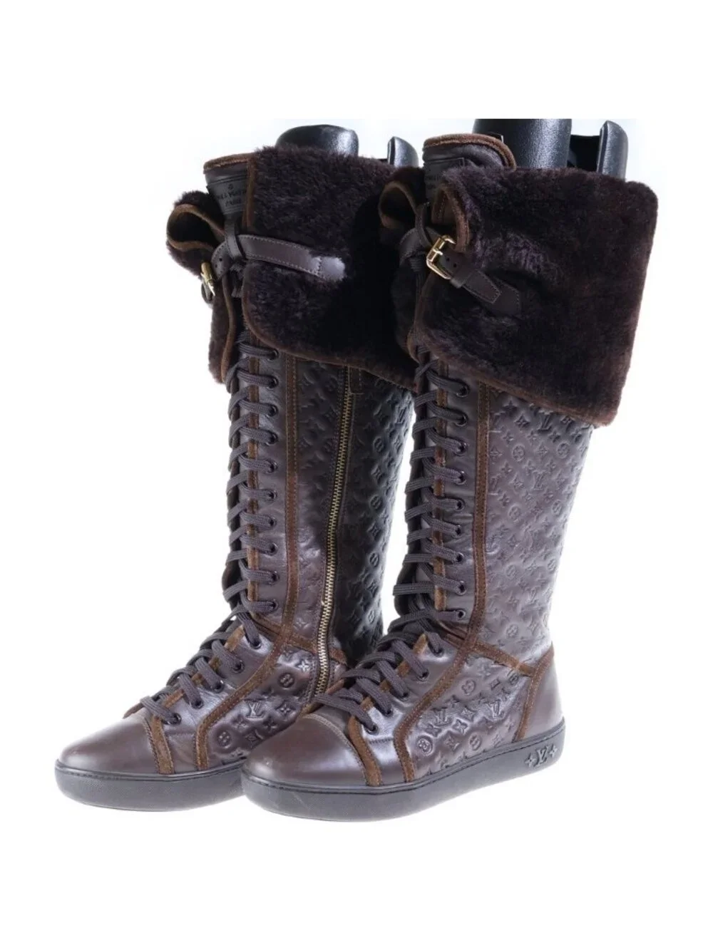 Louis Vuitton Monogram Polka Shearling Paneled Long Boots Flat Shoes